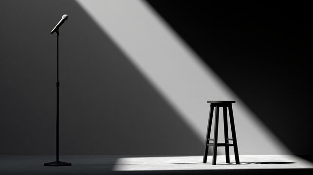 Microphone on a black stand positioned next to a wooden stool illuminated by dramatic lighting on a dark stage with shadows creating a minimalist atmosphere