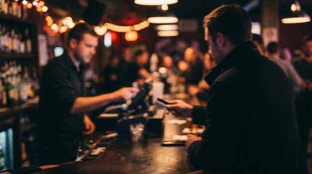 Customer paying with credit card at a bar counter