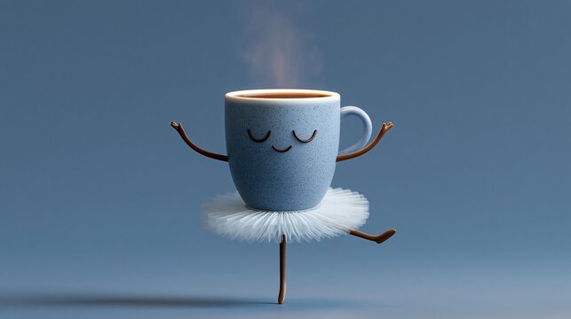 Cute animated coffee cup character wearing a tutu dances gracefully on one leg against a soft blue background with steam rising from the cup