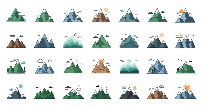 Collection of various mountain landscape icons.
