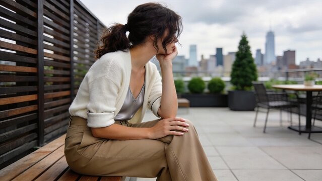 Pensive young woman sitting alone on a rooftop terrace overlooking the city skyline feeling sad lonely or deep in thought urban lifestyle concept