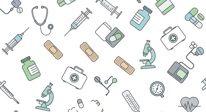 flat lay seamless pattern of colorful medical and science tools for healthcare innovation and wellness campaigns