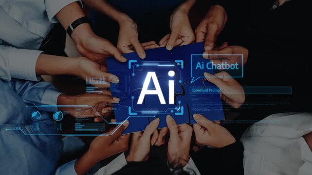 A dynamic visual showcasing hands coming together to hold an AI chatbot symbol, representing the future of digital communication and collaboration in technology. Raster