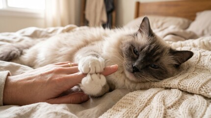 Obraz premium Ragdoll cat holding human finger on cozy bed with beige blanket