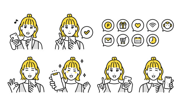 スマートフォン ジャンパースカートを着た若い女性 ポジティブ セット