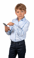 Fototapeta premium A boy holding a smartphone in a realistic photo style on a clean white background, representing communication and technology concept