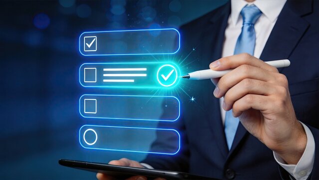 Businessman selecting checklist options on futuristic digital interface with glowing blue neon elements corporate success concept modern technology innovation professional