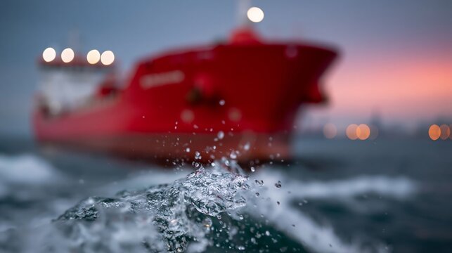 Red cargo ship navigating through water with splashes and waves in the foreground, illuminated by soft lights from the vessel and a blurred background