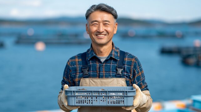 Asian male fisherman wearing plaid shirt and apron holds a basket of seafood while standing by the water with fish farms in the background