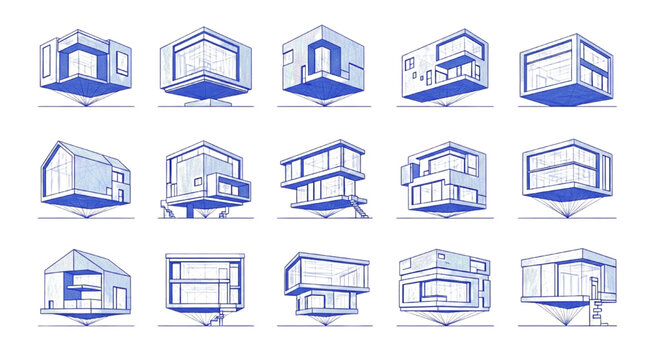 Modern Smart Home Perspective Sketches Vector Set - Architectural Blue Line Axonometric House Icons for Residential Planning and Design