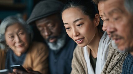Fototapeta premium Asian family gathering looking at smartphone together with joy. Multi-generational connection, technology bonding, and family togetherness concept.