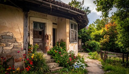 Fototapeta premium Weathered facade with door ajar, overgrown with lush greenery and colorful blooms. Old wooden structure