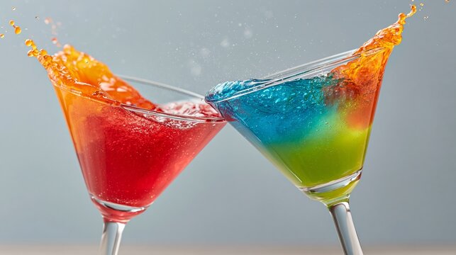 Colorful cocktails in martini glasses with splashes of red and blue liquid colliding against a light background, showcasing vibrant drink presentation
