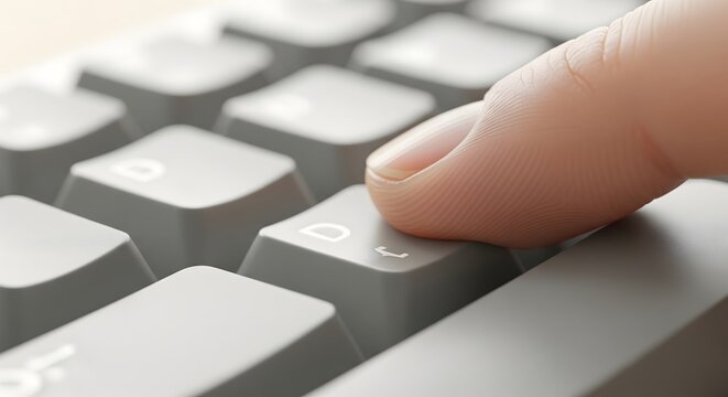 A close-up view of a human finger pressing a key on a modern computer keyboard, highlighting the action of typing and digital interaction.