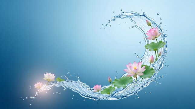 Elegant Water Splash Forming a Curve with Lotus Flowers on a Blue Gradient Background for Ganga Dussehra Festival Celebration