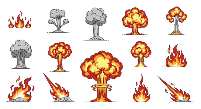 Set of pixel art graphics depicting various types of explosions, mushroom clouds, and fire flames for retro game design and animation.