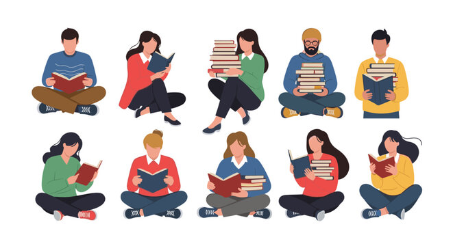 Assorted collection of people sitting on the floor in various relaxed poses while reading books for education, hobby, or leisure time.