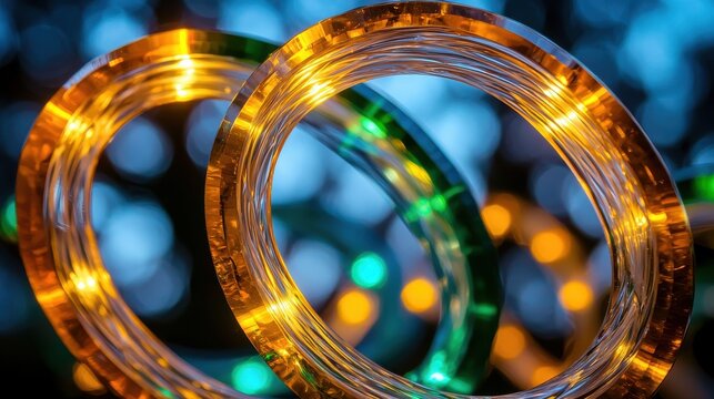 Optical path curves circular fiber optic coils amber golden light trails luminous cores bokeh effect macro photography technology communication