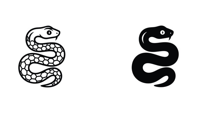 Coiled snake with geometric hexagon skin pattern in simple black and white vector graphic style