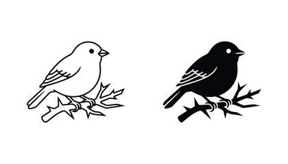 Fototapeta premium Bird perched on thorny branch icon set showing outline and black silhouette variations for nature and wildlife conservation branding graphic design elements isolated on clean white background
