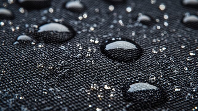 Water retention surface coating hydrophobic fabric material displaying water droplet repulsion with beads rolling off textile surface macro photography detail