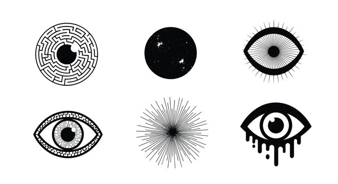 Set of six mystical eye and sunburst symbols in black ink featuring designs like a circular maze eye and a weeping dark eye.