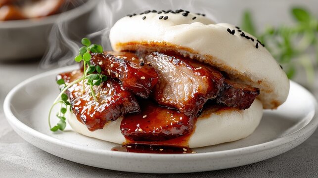 Gourmet pork belly bao bun with glossy sriracha glaze dripping onto white ceramic plate garnished with microgreens and sesame seeds