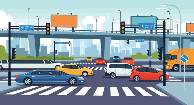 Crowded city intersection with many cars waiting at traffic lights under a highway overpass in a modern urban architectural environment.