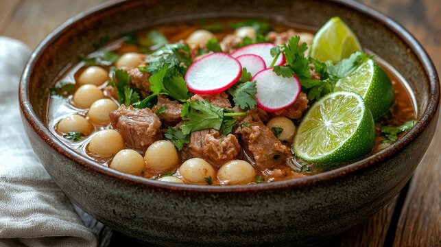 Gourmet pozole white hominy soup with tender pork chunks, fresh lime wedges, sliced radishes, cilantro garnish in artisan ceramic bowl, premium restaurant presentation