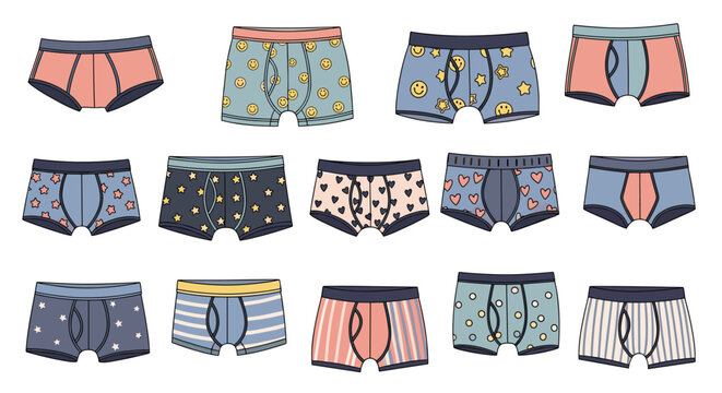 Extensive collection of mens underwear boxer briefs featuring various patterns such as stripes hearts stars and smiley faces in a colorful grid.