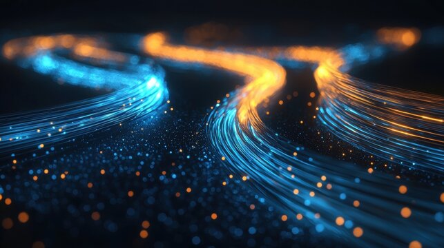 Macro cable glow abstract fiber optic light trails electric blue amber threads flowing through darkness technology background long exposure capture