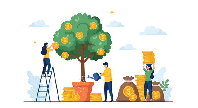 Business growth concept with team members watering and harvesting gold coins from a large money tree growing in a pot against clouds.