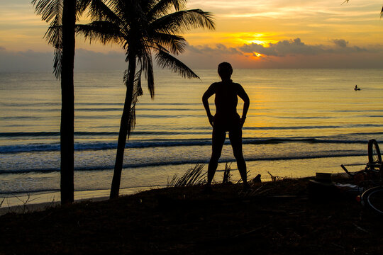 Sunrise with silhouette woman and coconut
