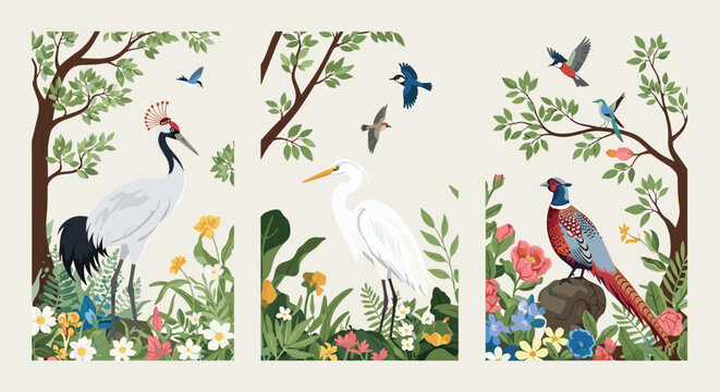 Three vertical nature posters featuring beautiful birds like cranes and pheasants in a lush garden with trees and colorful flowers.