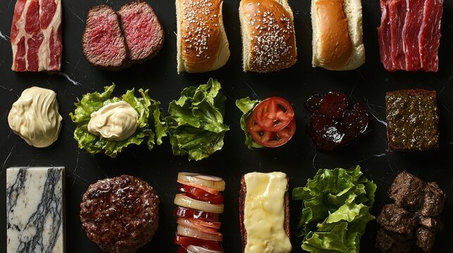 Textural contrast premium burger components on black marble surface raw beef patties artisan buns fresh lettuce cheese bacon tomatoes condiments