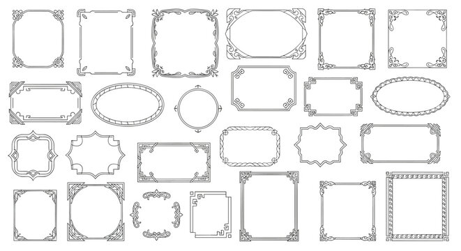 Extensive collection of vintage ornamental frames and decorative borders in various shapes like oval, rectangle, and square.
