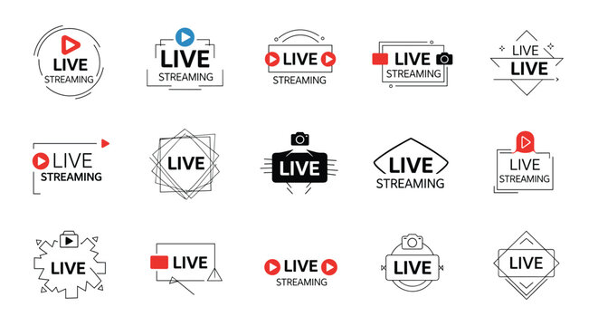 Collection of modern live streaming and broadcast logos featuring play buttons, camera icons, and geometric frame designs.