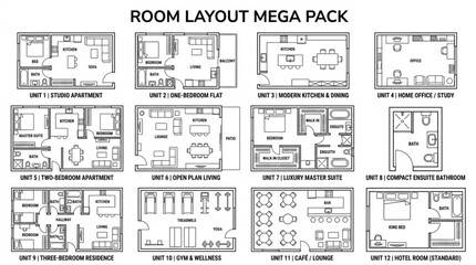 Collection of detailed room layout plans for various living spaces. © Heli