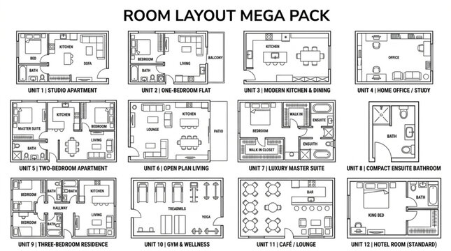 Collection of detailed room layout plans for various living spaces.