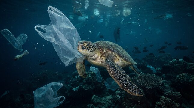Sea Turtle Swimming Near Plastic Pollution &ndash; Ocean Conservation and Environmental Awareness Concept