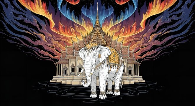 majestic white elephants under celestial fire temple in mystical fantasy artwork