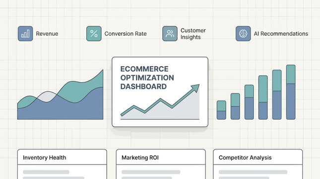 Ecommerce optimization dashboard with revenue and conversion rate graphs