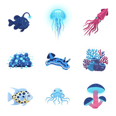 Fototapeta premium Colorful ocean creatures and sea animals illustrations on white background