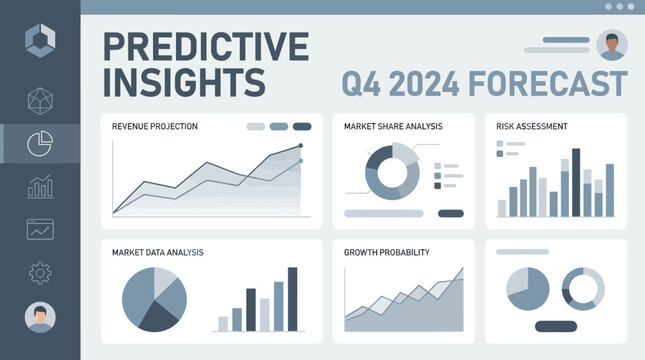 Business analytics dashboard displays predictive insights and Q4 2024 forecast graphs