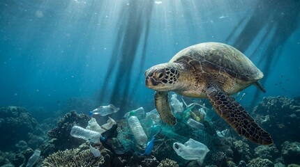Obraz premium Sea Turtle Swimming Near Plastic Pollution – Ocean Conservation and Environmental Awareness Concept