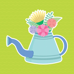 Spring background, flowers in watering can, watering pot with flower, gardening illustration design © skc