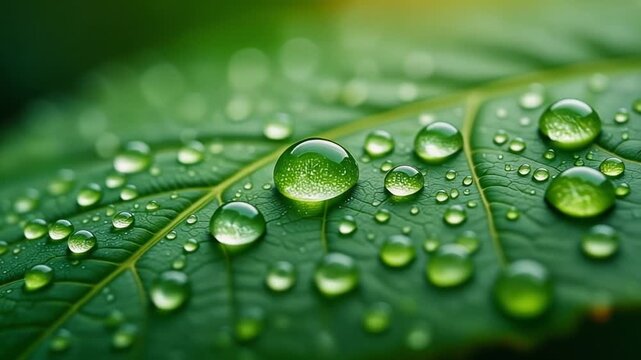 Cinematic Macro Shot of Fresh Water Droplets on Vibrant Green Leaf Texture, Nature Background Video in Full HD