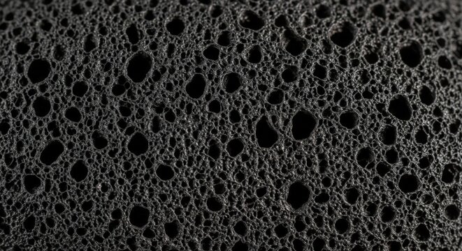 Detailed macro view of dark porous volcanic rock featuring a rugged and pitted surface Wallpaper Background image