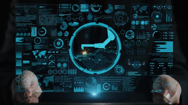 Discover a futuristic interface showcasing data analysis and robotic technology, perfect for industries exploring innovative solutions in automation and productivity. Cipher