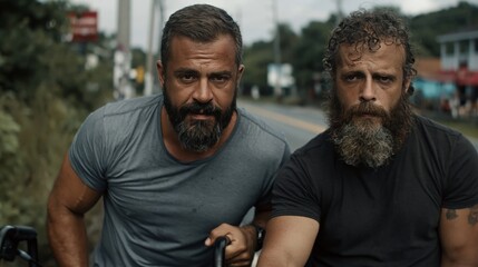 Fototapeta premium Two bearded men in casual t-shirts standing on industrial road. Working class portrait, manual labor, and tough masculinity concept.